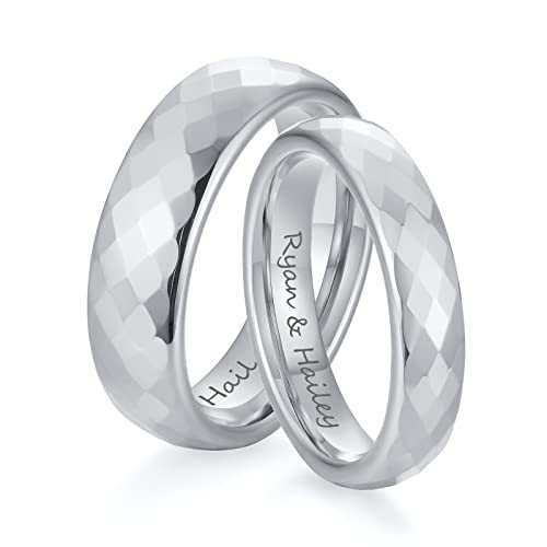 FLHEART Verlobungsringe Paar Ringe, Personalisierter Name, Datum, anfängliche römische Ziffer, Damen Herren Paar Ring Set, Silber Wolfram passender Paar Band Ring für ihn Ihr von FLHEART