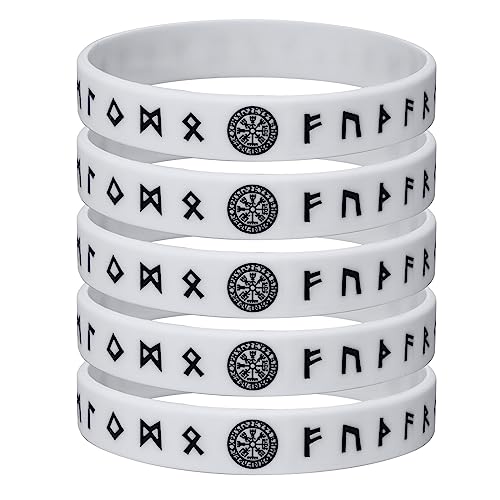 FLHEART Silikon Armbänder Herren: 5 Stück Weiß Nordisches Wikinger Runen Armband für Männer Frauen, Wasserdichtes Gummiband Komfortable Passform, Geschenke von FLHEART