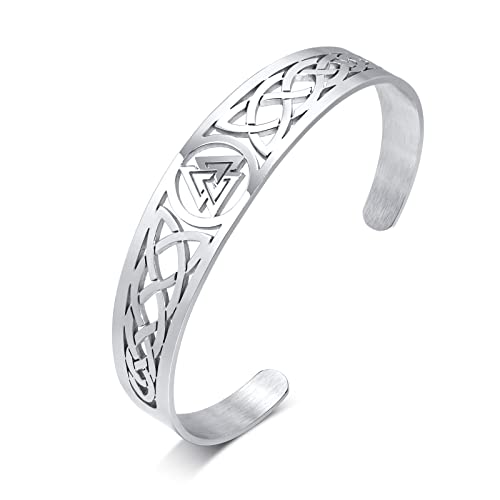 FLHEART Wikinger Valknut Armreif Armband - Edelstahl Ausgehöhlt Keltisch Triquetra Keltischer Knoten Entwurf Valknut Manschettenknopf Armband, Wikinger Armbänder für Herren Damen,Silber von FLHEART