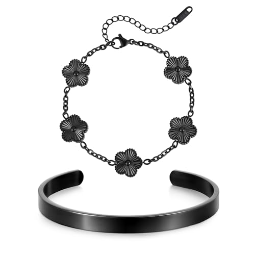 Herren Armband Kleeblatt Armreif Set - 2 Stücke Verstellbare Armbänder Edelstahl Schwarz Kleeblatt Armband mit Klassiker Armreif für Männer, Geschenke für Geburtstags Weihnachten von FLHEART
