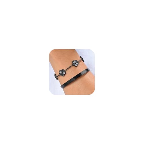 Herren Armband Kleeblatt Armreif Set - 2 Stücke Verstellbare Armbänder Edelstahl Schwarz Kleeblatt Armband mit Klassiker Armreif für Männer, Geschenke für Weihnachten Geburtstags von FLHEART