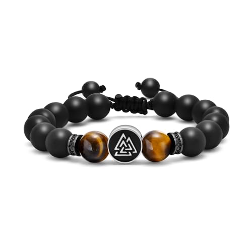 Herren Armband Perlenarmband Wikinger Schmuck - 10mm Schwarz Echt Onyx Steine Tigerauge Perlen Armbänder mit Silber Valknut Charme Elastische Naturstein Stein Viking Bracelet Geschenke für Männer von FLHEART