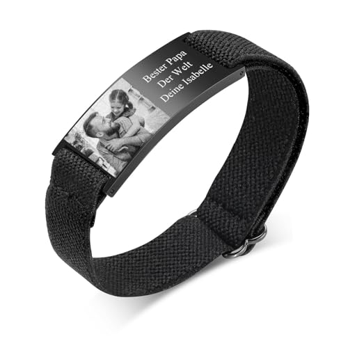 Herren Armband mit Gravur Vatertagsgeschenk - Personalisierte Foto Text Armbänder für Männer mit Schwarz Nylon Elastische Strap, Herrentagsgeschenke Männertag Geschenk für Papa Vater DAD Vatertag von FLHEART