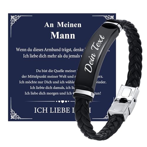 Ich Liebe Dich Geschenke für Männer - Schwarz Leder Armband mit Gravur für Mann Ihn Ehemann Freund, Herren Lederarmband Personalisierte Liebesgeschenke für Männer Valentinstag Geburtstag Jahrestag von FLHEART