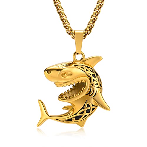 Keltische Haifisch Anhänger Halskette - Ocean Herren Edelstahl Massiv Hai Anhänger mit 24 Zoll Rolo Kette Keltische Knoten Strukturierte Punk Hip Hop Tier Strand Schmuck für Männer Junge,Vergoldet von FLHEART