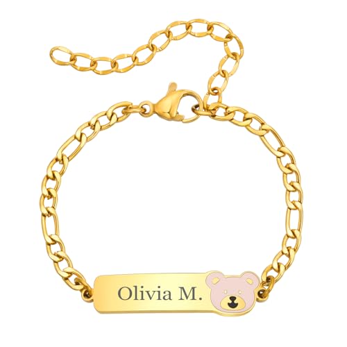 Kinder Mädchen Armband mit Gravur Namen - Personalisierte Bär ID Armbänder für Kleinkind, Baby Armband mit Namen, Personalisiert Armkette Geschenk für Jungen Mädchen Geburtstag Einschulung von FLHEART