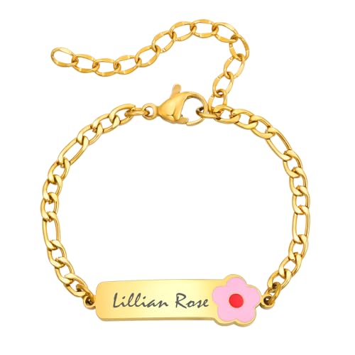 Kinder Mädchen Armband mit Gravur Namen - Personalisierte Blume ID Armbänder für Kleinkind, Baby Armband mit Namen, Personalisiert Armkette Geschenk für Jungen Mädchen Geburtstag Einschulung von FLHEART