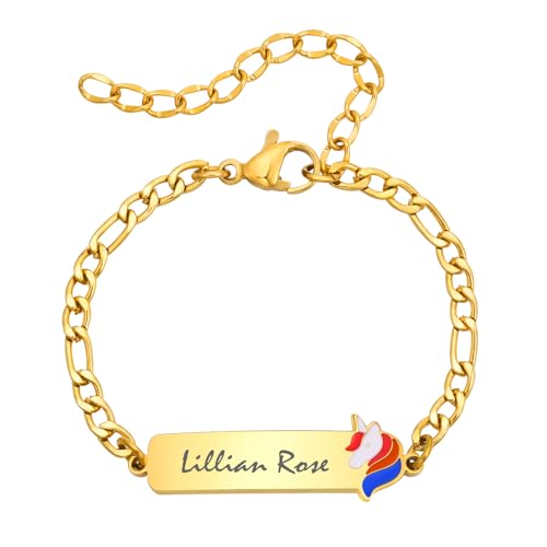 Kinder Mädchen Armband mit Gravur Namen - Personalisierte Einhorn ID Armbänder für Kleinkind, Baby Armband mit Namen, Personalisiert Armkette Geschenk für Jungen Mädchen Geburtstag Einschulung von FLHEART
