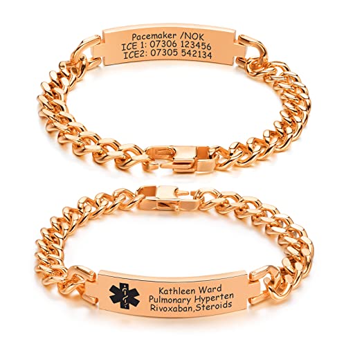 Medizinische Alert Armbänder Herren : Personalisiert Edelstahl Klotzige Kandare Kette Medizinisches ID Notfallarmband Individuell SOS Identifikation Armband für Männer Jungen,Roségold,7.5 Zoll von FLHEART