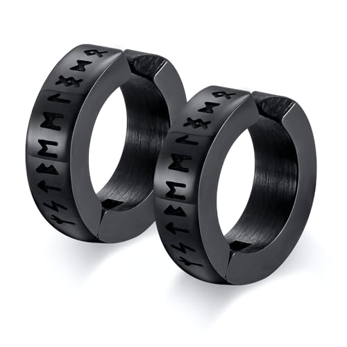Nordischer Wikinger Hoop Ohrring Herren - Amulett Schutz Schmuck Geschenke Edelstahl Herren Non-Pierced Clip On Ohrringe Ohrstecker mit Nordic Elder Futhark Runen,Schwarz,1 Paar, von FLHEART