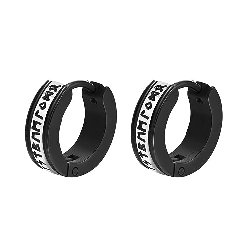 Nordischer Wikinger Hoop Ohrring Herren - Amulett Schutz Schmuck Geschenke 1 Paar Schwarz Edelstahl Creolen Herren Ohrstecker mit Nordic Elder Futhark Runen, Ohrringe für Männer Innendurchmesser 9mm von FLHEART