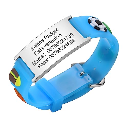 Notfallarmband SOS Armband Kinder Telefonnummer - Blaue Silikon Anti Verloren Kinder Identifikationsarmband Namenarmband Kinderarmband Personalisiertes ID Armband für Mädchen Jungen von FLHEART