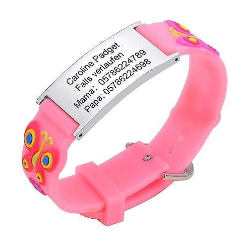 FLHEART Notfallarmband SOS Armband Kinder Telefonnummer - Wasserfest Rosa Silikon Anti Verloren Kinder Namenarmband Identifikationsarmband Kinderarmband Personalisiertes ID Armband für Mädchen von FLHEART