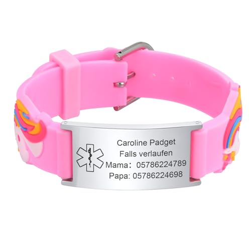 Notfallarmband Kinder SOS Armband Silikon - Personalisiert Anti Verloren Armbänder mit Gravur für Name Telefonnummer, Personalisiertes Wasserfest Kinderarmband Medizinisches Armband für Mädchen von FLHEART