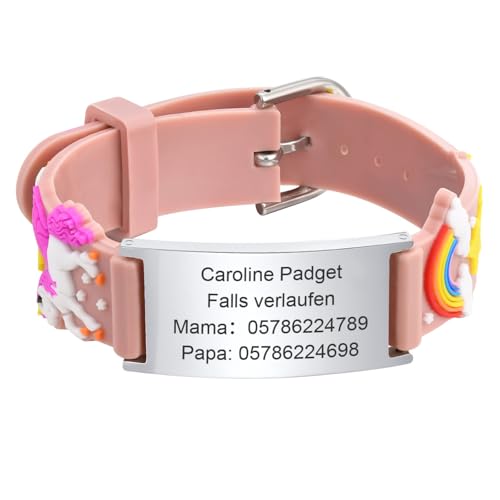 Notfallarmband Kinder SOS Armband Silikon - Personalisiert Wasserfest Kinderarmband Medizinisches Armband, Personalisiertes Anti Verloren Armbänder mit Gravur für Name Telefonnummer für Mädchen von FLHEART