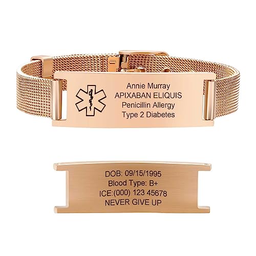 Notfallarmband Medizinisches Armband Damen Personalisierte : Roségold Notfall Schmuck Gravur Ice Name Identifikation Allergien Diabetes Epilepsie Armbänder Medizinisch Alarm Armband für Männer Mädchen von FLHEART