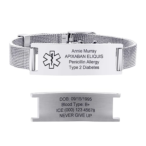 Notfallarmband Medizinisches Armband Damen Personalisierte : Silber Notfall Schmuck Gravur Ice Name Identifikation Allergien Diabetes Epilepsie Armbänder Medizinische Alarm Armband für Männer Mädchen von FLHEART