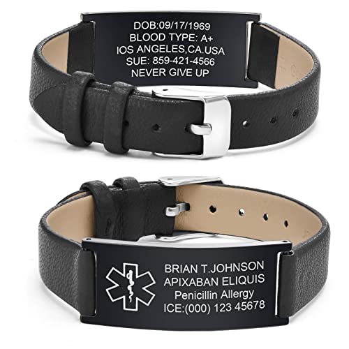 Notfallarmband Medizinisches Armband Herren Personalisierte : Notfall Schmuck Gravur Ice Name Allergien Diabetes Epilepsie Armbänder Schwarz Lederband Medizinische Alarm Armband für Männer Jungen von FLHEART