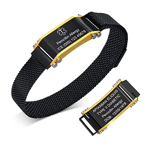 Notfallarmband Medizinisches Armband Herren Personalisiert - Edelstahl Einstellbare Mesh Band Gravur Medizinische ID Notfall Armband für Männer, Schwarz Gold Medizinischer Notfall Schmuck SOS Armband von FLHEART