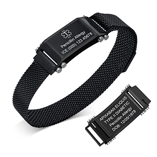 Notfallarmband Medizinisches Armband Herren Personalisiert - Edelstahl Einstellbare Mesh Band Gravur Medizinische ID Notfall Armband für Männer, Schwarz Medizinischer Notfall Schmuck SOS Armband von FLHEART