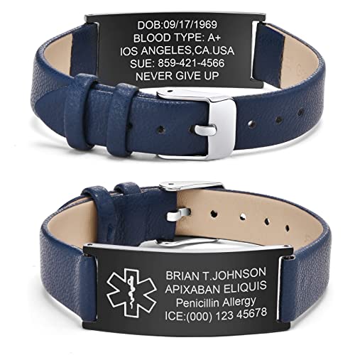 Notfallarmband Medizinisches Armband Herren Personalisierte : Notfall Schmuck Gravur Ice Name Allergien Diabetes Epilepsie Armbänder Blau Lederband Medizinische Alarm Armband für Männer Jungen von FLHEART