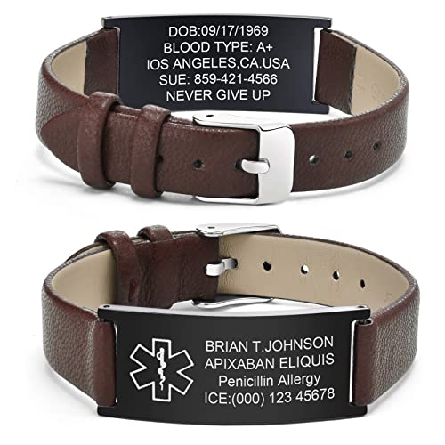 Notfallarmband Medizinisches Armband Herren Personalisierte : Notfall Schmuck Gravur Ice Name Allergien Diabetes Epilepsie Armbänder Braun Lederband Medizinische Alarm Armband für Männer Jungen von FLHEART