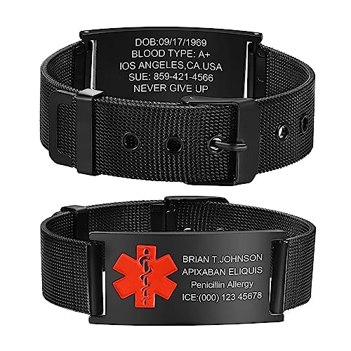 Notfallarmband Medizinisches Armband Herren Personalisierte : Schwarz Notfall Schmuck Gravur Ice Name Identifikation Allergien Diabetes Epilepsie Armbänder Medizinische Alarm Armband für Männer Jungen von FLHEART