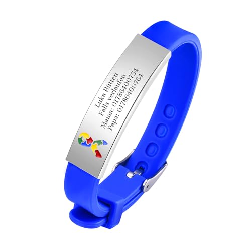 Notfallarmband SOS Armband Kinder - Blau Kinderarmband Gravur Telefonnummer Name, Anti Verloren Armbänder für Autismus Kinder, Personalisiertes Notfall Medizinische Armband für Mädchen Jungen von FLHEART