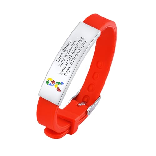 Notfallarmband SOS Armband Kinder - Rot Kinderarmband Gravur Telefonnummer Name, Anti Verloren Armbänder für Autismus Kinder, Personalisiertes Notfall Medizinische Armband für Mädchen Jungen von FLHEART