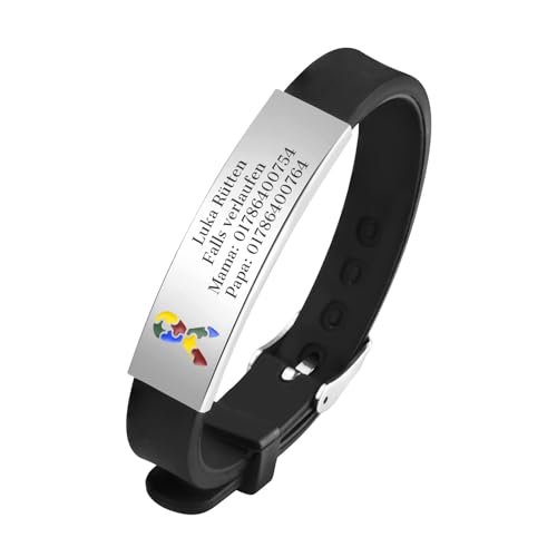 Notfallarmband SOS Armband Kinder - Schwarz Kinderarmband Gravur Telefonnummer Name, Anti Verloren Armbänder für Autismus Kinder, Personalisiertes Notfall Medizinische Armband für Mädchen Jungen von FLHEART