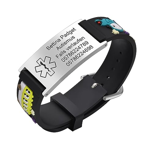 Notfallarmband SOS Armband Kinder Telefonnummer - Schwarz Silikon Anti Verloren Kinder Namenarmband Identifikationsarmband Kinderarmband Personalisiertes Medizinisches ID Armband für Jungen von FLHEART