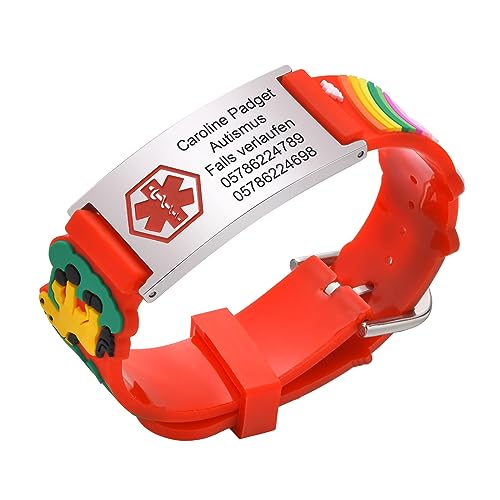 Notfallarmband SOS Armband Kinder Telefonnummer - Wasserfest Rot Silikon Anti Verloren Kinder Namenarmband Identifikationsarmband Kinderarmband Personalisiertes Medizinisches ID Armband für Mädchen von FLHEART