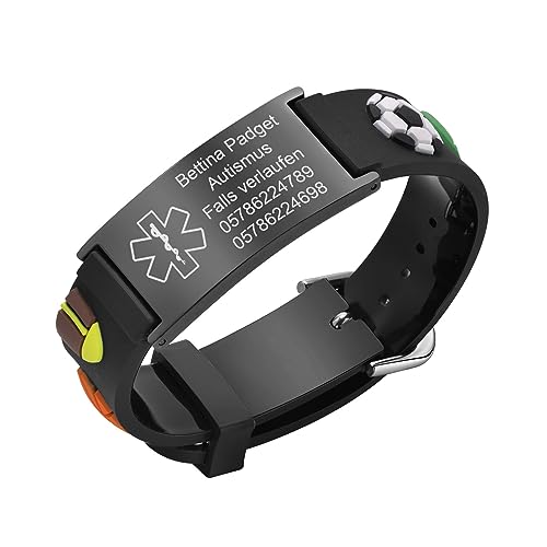 Notfallarmband SOS Armband Kinder Telefonnummer - Wasserfest Schwarz Silikon Anti Verloren Kinder Namenarmband Identifikationsarmband Kinderarmband Personalisiertes Medizinisches ID Armband für Jungen von FLHEART