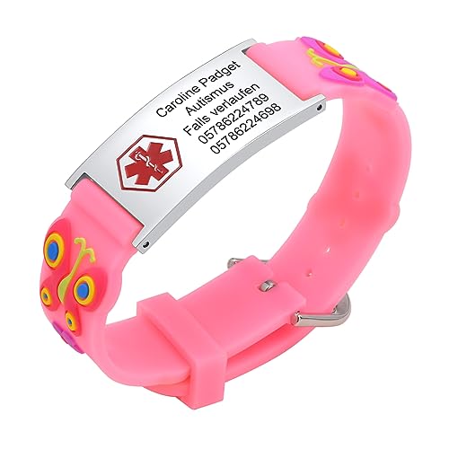 Notfallarmband SOS Armband Kinder Telefonnummer - Wasserfest Silikon Anti Verloren Kinder Namenarmband Identifikationsarmband Kinderarmband Personalisiertes Medizinisches ID Armband für Mädchen von FLHEART