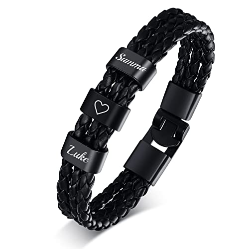 Personalisieren Lederarmband Herren Geschenke - Gravur Geflochten Leder Armband mit 3 Namen Perlen Charm für Männer Freund Benutzerdefinierte Geschenk für Vatertag Geburtstag Weihnachten, 8.6" von FLHEART