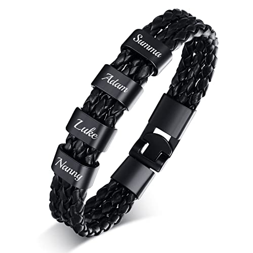 Personalisieren Lederarmband Herren Geschenke - Gravur Geflochten Leder Armband mit 4 Namen Perlen Charm für Männer Freund Benutzerdefinierte Geschenk für Vatertag Geburtstag Weihnachten, 8.2" von FLHEART