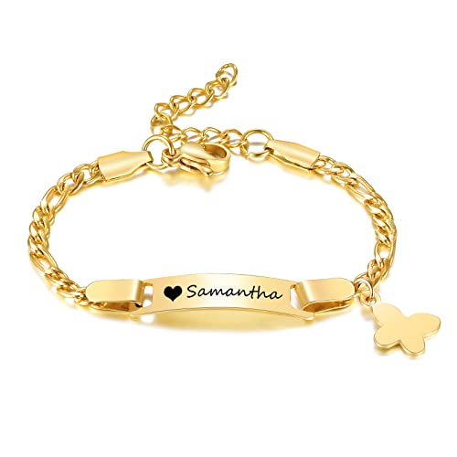 Personalisiert Baby Bar Armbänder : 18K Vergoldet Edelstahl Name ID Platte Armband für Kinder Kleinkind von Mama, graviert Kind Name für Tochter Sohn, Neugeborenes Geburtstag Geschenk,Nickel frei von FLHEART