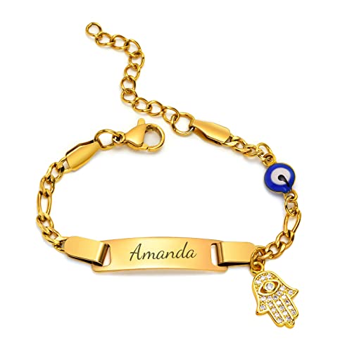 Personalisierte Amulett Kid ID Armbänder - 18K Gold plattiert Edelstahl benutzerdefinierte Name ID Platte Bar Armband mit Hamsa & Evil Eye für Kind Kleinkind von Mama, Mädchen Junge Name Bar Armband von FLHEART