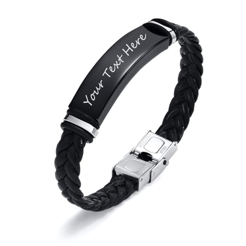 Personalisierte Armband Herren - Graviert Name ID Armband Geflochtenes Leder Geschenk für Freund Ehemann Papa angepasstes Geschenk für Weihnachten Geburtstag Valentinstag Jahrestag Vatertag, Schwarz von FLHEART