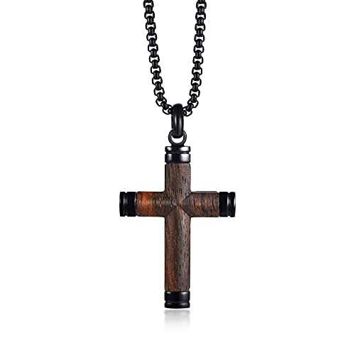 FLHEART Personalisierte Edelstahl & Koa Holz Heiliges Kreuz Anhänger Halskette für Herren Jungen, religiöse christliche Taufe Schmuck Geschenk, mit 24" Weizen Kette für Herren von FLHEART