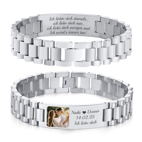 Personalisierte Foto Armband mit Gravur Herren - Verstellbare Edelstahl Armbänder mit Gravierte Namen Text Bild für Ihn Mann Papa Ehemann Freund, Personalisiertes Geschenke für Männer Geburtstag von FLHEART