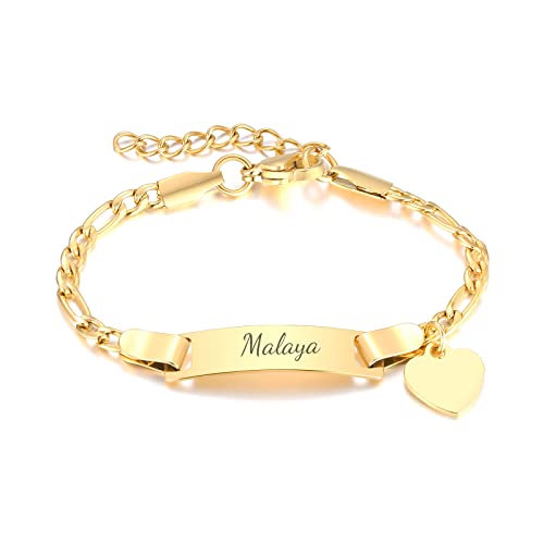 Personalisierte Kind ID Armband: 18K Gold plattiert Edelstahl Individueller Name ID Platte Bar Armband mit Herz, für Kinder Kleinkind von Mama, graviert Kid Name für Tochter Sohn Junge Mädchen von FLHEART