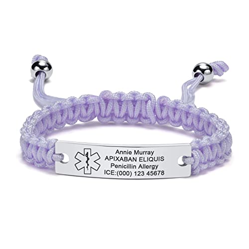 Personalisierte Medizinisches Armband Damen - Gravur Handgefertigt Einstellbare Geflochtene Seil Notfall Identifikation Armband für Frauen Männer Jugendlich, Individuell Medizinische Armbänder,Violett von FLHEART