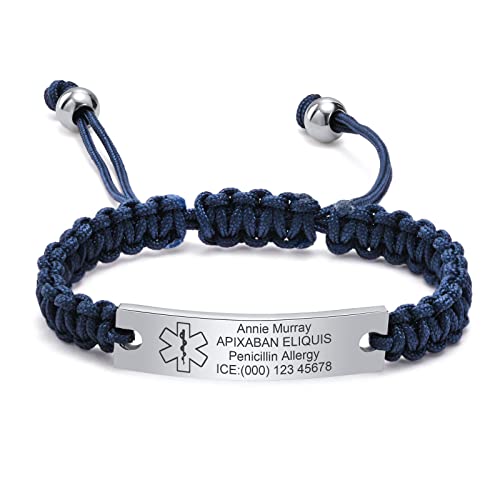 Personalisierte Medizinisches Armband Damen - Gravur Handgefertigt Einstellbare Geflochtene Seil Notfall Identifikation Armband für Frauen Männer Jugendlich, Individuell Medizinische Armbänder,Blau von FLHEART