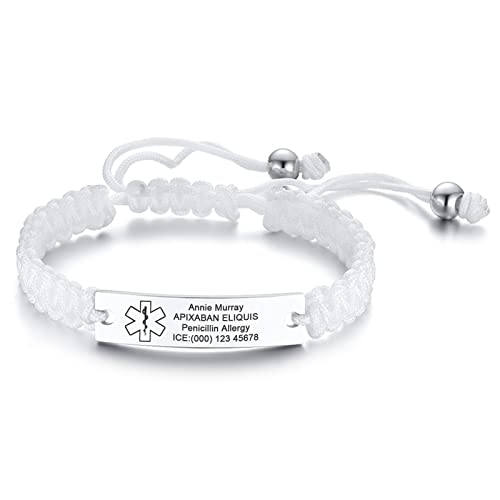 Personalisierte Medizinisches Armband Damen - Gravur Handgefertigt Einstellbare Geflochtene Seil Notfall Identifikation Armband für Frauen Männer Jugendlich, Individuell Medizinische Armbänder,Weiß von FLHEART