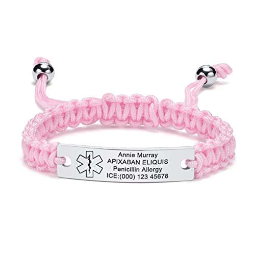 Personalisierte Medizinisches Armband Damen - Gravur Handgefertigt Einstellbare GeflochteneSeil Notfall Identifikation Armband für Frauen Männer Jugendlich, Individuell Medizinische Armbänder,Rosa von FLHEART