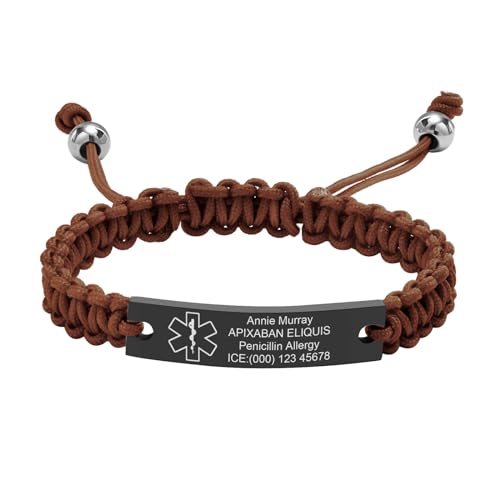 Personalisierte Medizinisches Armband Herren - Gravur Handgefertigt Einstellbare Geflochtene Seil Notfall Identifikation Armband für Frauen Männer Jugendlich, Individuell Medizinische Armbänder,Braun von FLHEART