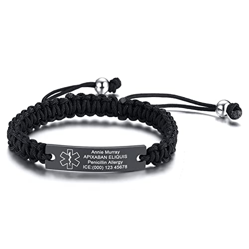 Personalisierte Medizinisches Armband Herren - Gravur Handgefertigt Einstellbare Geflochtene Seil Notfall Identifikation Armband für Männer Jugendlich, Individuell Medizinische Armbänder,Schwarz von FLHEART