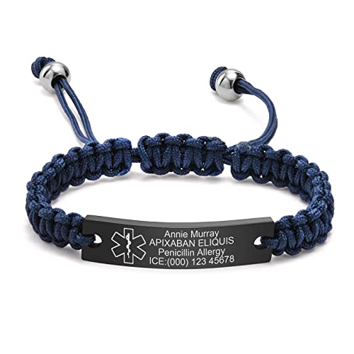 Personalisierte Medizinisches Armband Herren - Gravur Handgefertigt Einstellbare GeflochteneS Seil Notfall Identifikation Armband für Frauen Männer Jugendlich, Individuell Medizinische Armbänder,Blau von FLHEART