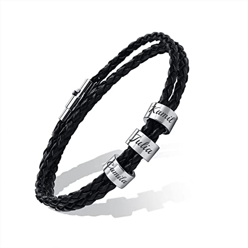 Personalisierte Namen Perlen Armbänder - Benutzerdefinierte Dreifach Wickel geflochtene Lederarmbänder mit benutzerdefiniertem Namen Initial Bead Charm Armband für Familie bester Freund,3 Namen von FLHEART